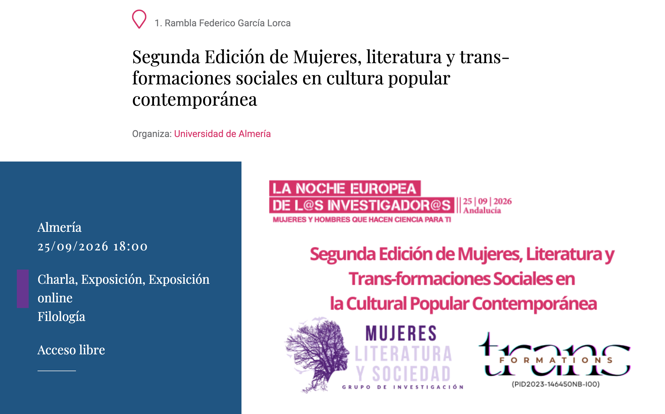 La Noche Europea de l@s Investigador@s 2026 – Segunda Edición de Mujeres, literatura y trans-formaciones sociales en cultura popular contemporánea